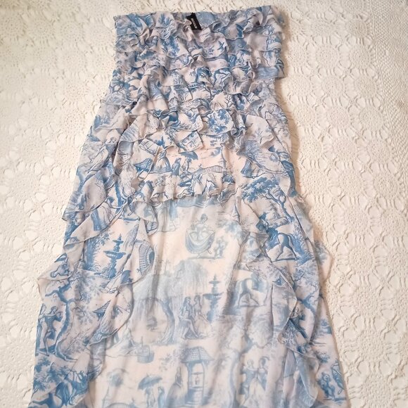 New Pretty Little Thing Maxi High Low Dress Blue Pink Toile Ruffle 20 Women NWT - Picture 1 of 7